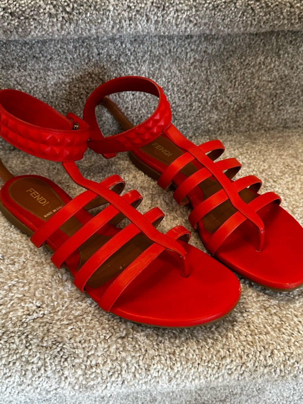 Fendi Orange Strappy Quilted Ankle-Cuff Flat Sandals